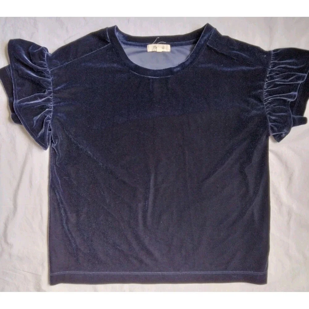 Madewell Blue Velvet Top Blouse Flutter Sleeve Fairy Goth Whimsy Women's Size XS - Picture 2 of 6